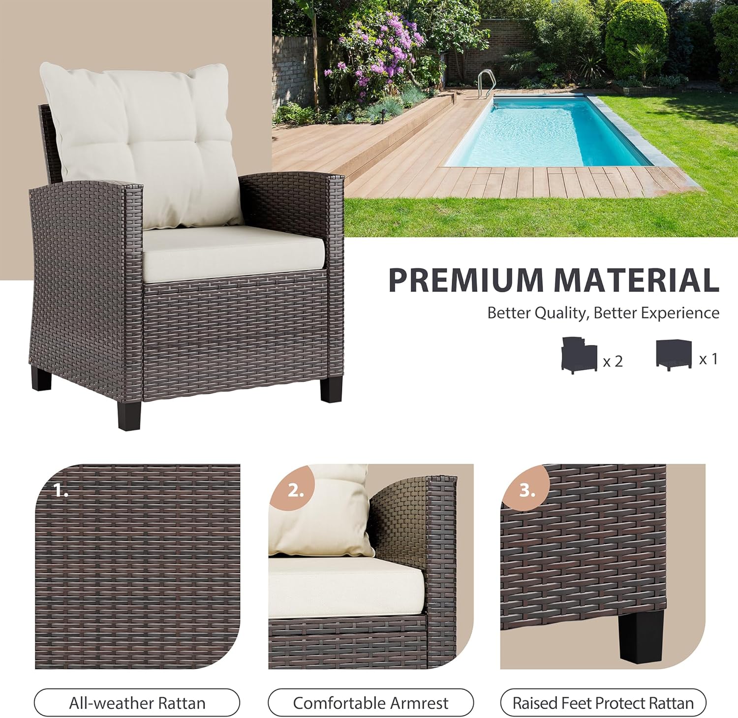 Bej renkli kompakt 3 parçalı r - Outdoor Furniture Rattan incelemesi ve fiyatı